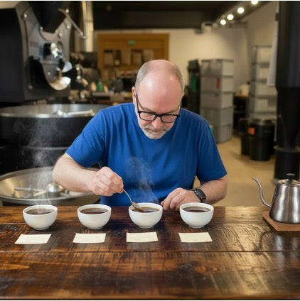 Eigentümer beim Kaffee-Testing in Cuxhavener Kaffeefabrik