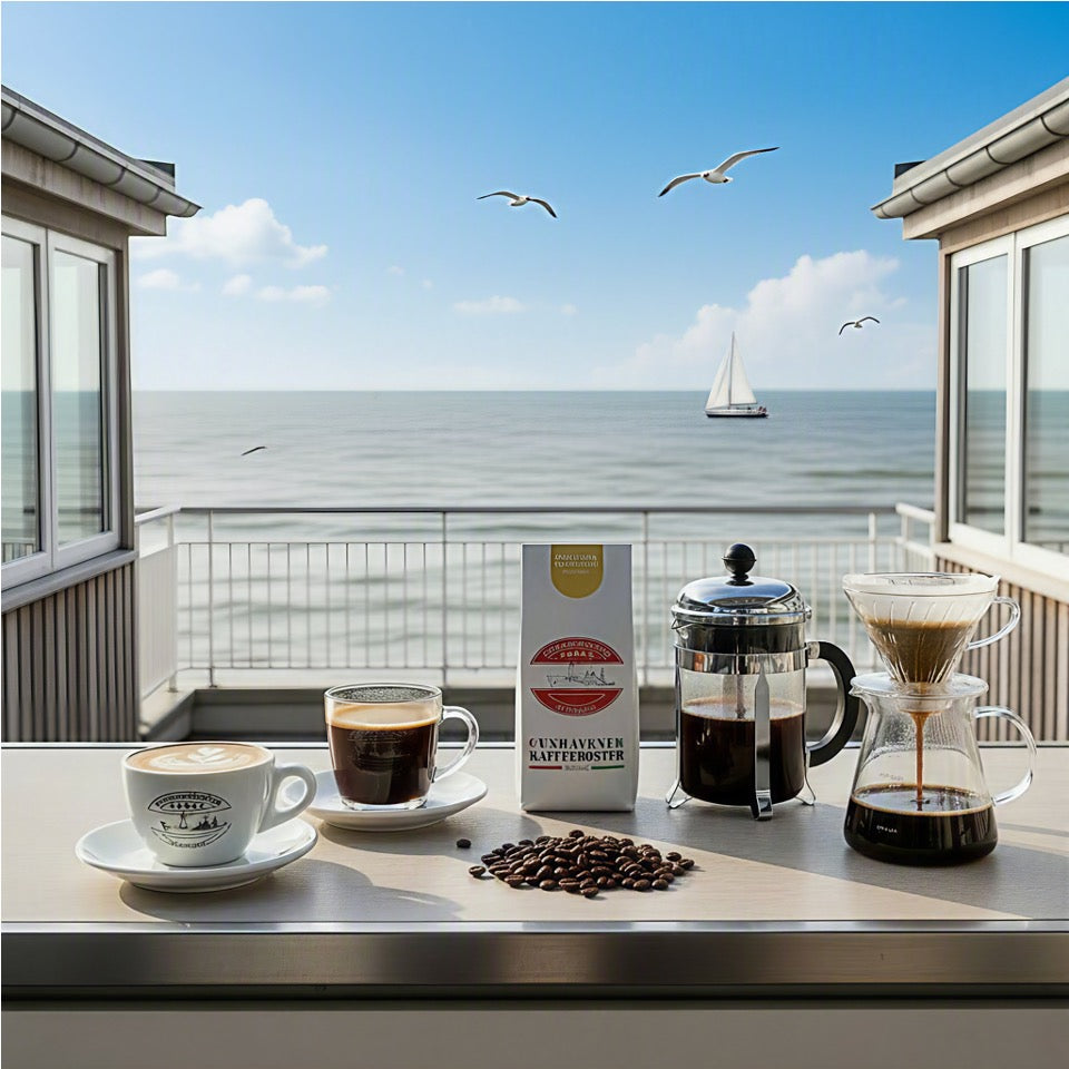 Weiße Kaffeetüte des Cuxhavener Kaffeeroesters mit der Aufschrift India Kathle  Khan  Estate mit Kaffeemaschinen und Kaffeespezialitäten mit Nordseeblick
