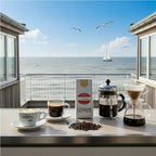 Weiße Kaffeetüte des Cuxhavener Kaffeeroesters mit der Aufschrift India Kathle  Khan  Estate mit Kaffeemaschinen und Kaffeespezialitäten mit Nordseeblick
