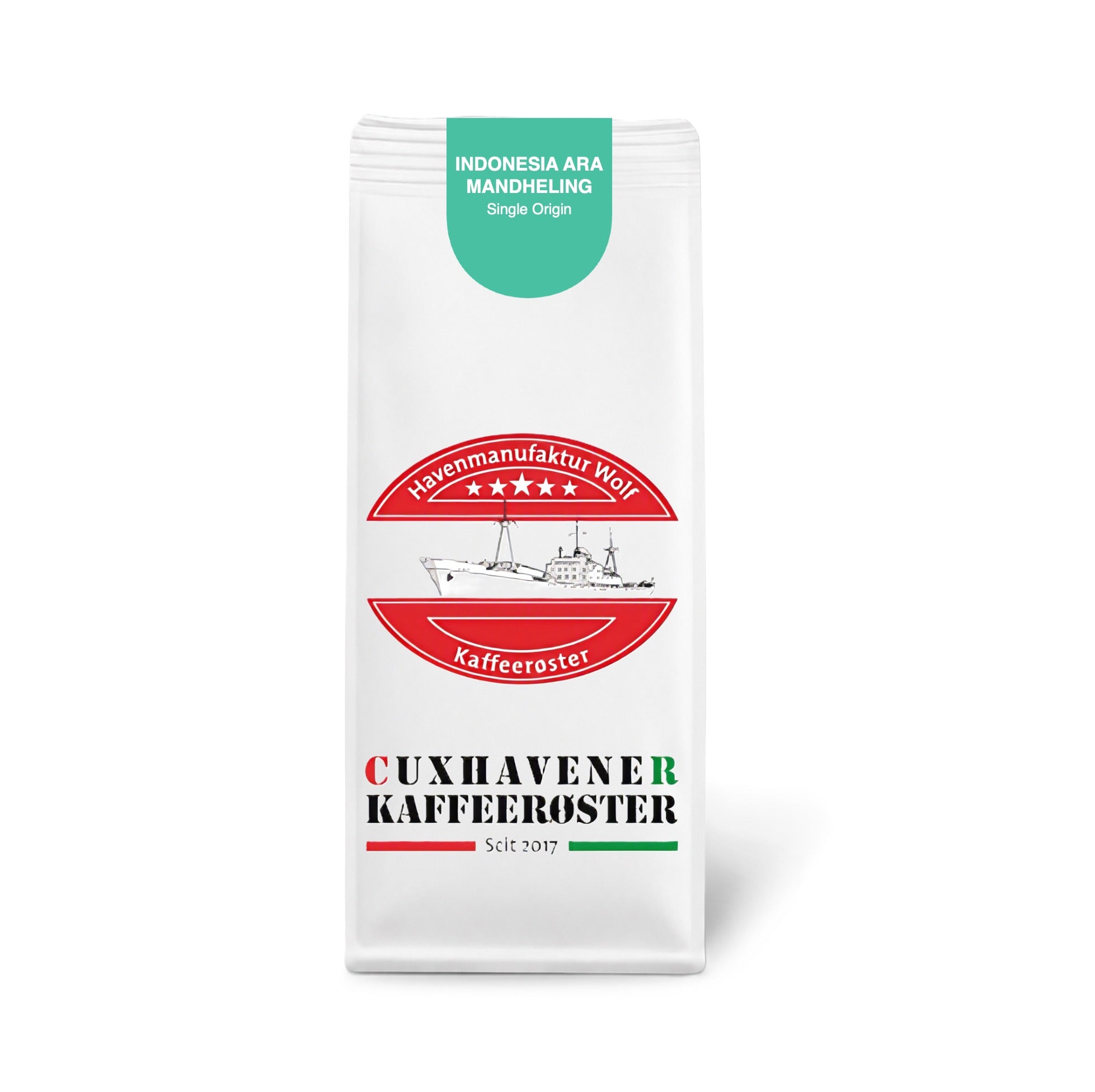 Weiße Kaffeetüte des Cuxhavener Kaffeeroesters mit der Aufschrift Indonesia Ara Mandheling vor weißem Hintergrund