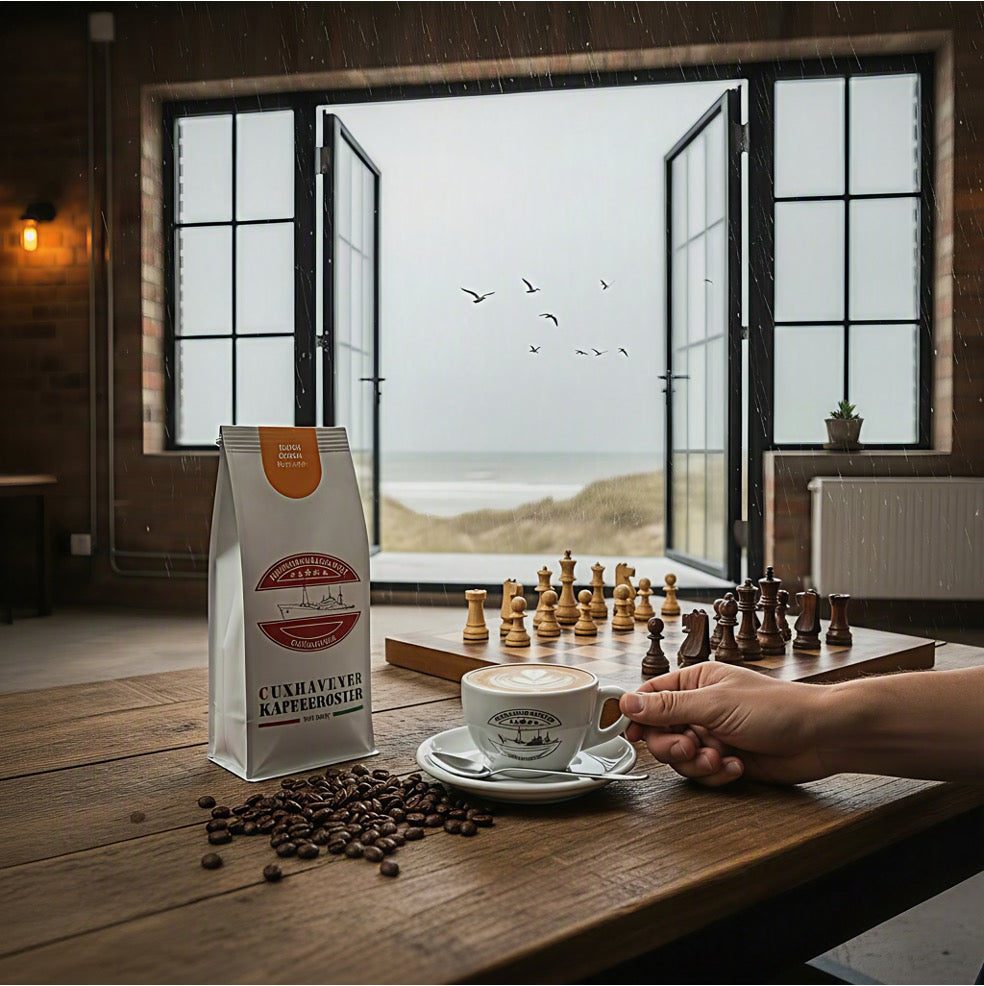 Weiße Kaffeetüte des Cuxhavener Kaffeeroesters mit der Aufschrift Kenya Crema AA auf Tisch mit Cappuccino und Schachbrett vor Terrassentüren mit Nordseeblick
