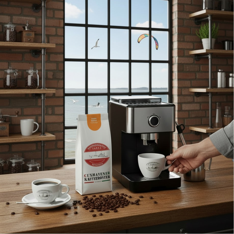 Weiße Kaffeetüte des Cuxhavener Kaffeeroesters mit der Aufschrift Kenya Creme AA mit Kaffeemaschine in Küche und Fenster mit Nordseeblick