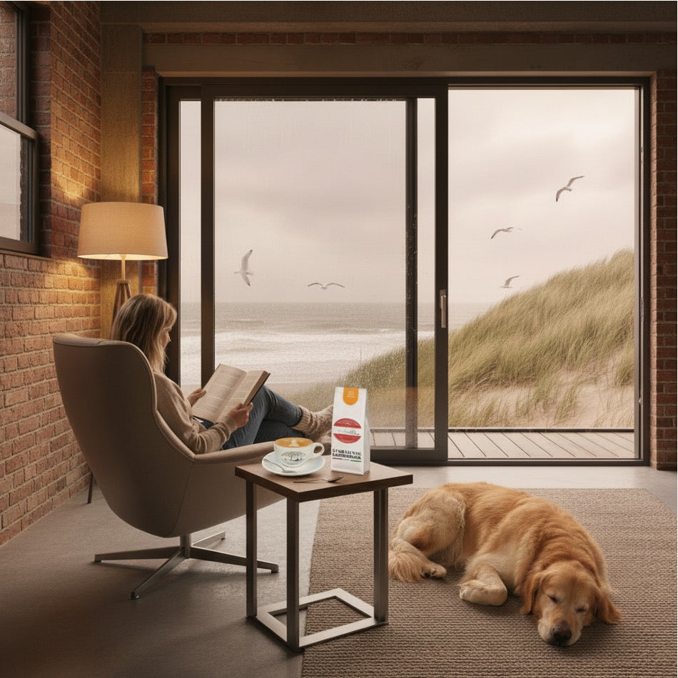 Weiße Kaffeetüte des Cuxhavener Kaffeeroesters mit der Aufschrift Kenya Crema AB auf Beistelltisch. Eine Frau ließt ein Buch an einem trüben Tag. Der bLick geht über eine Terrasse auf die Nordsee. 