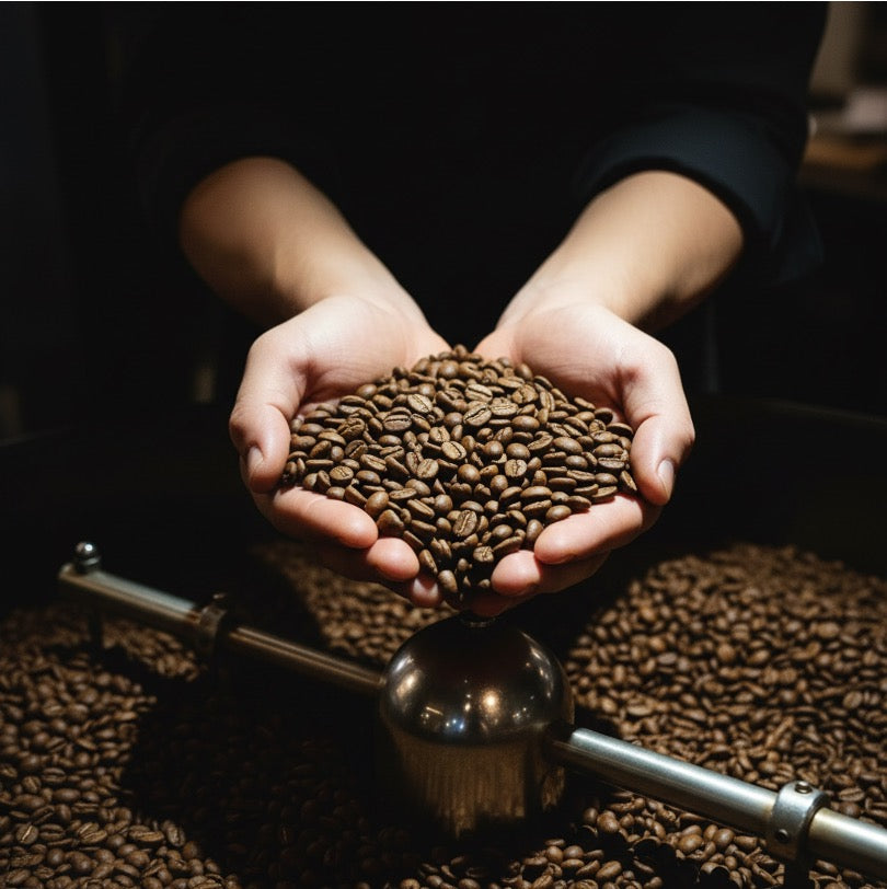 Hände präsentieren frisch geröstete Kaffeebohnen