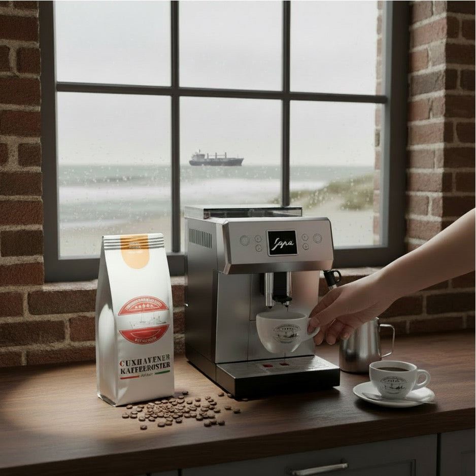 Weiße Kaffeetüte des Cuxhavener Kaffeeroesters mit der Aufschrift Kenya Crema AB  mit Kaffeemaschine in Küche und Fenster mit Nordseeblick
