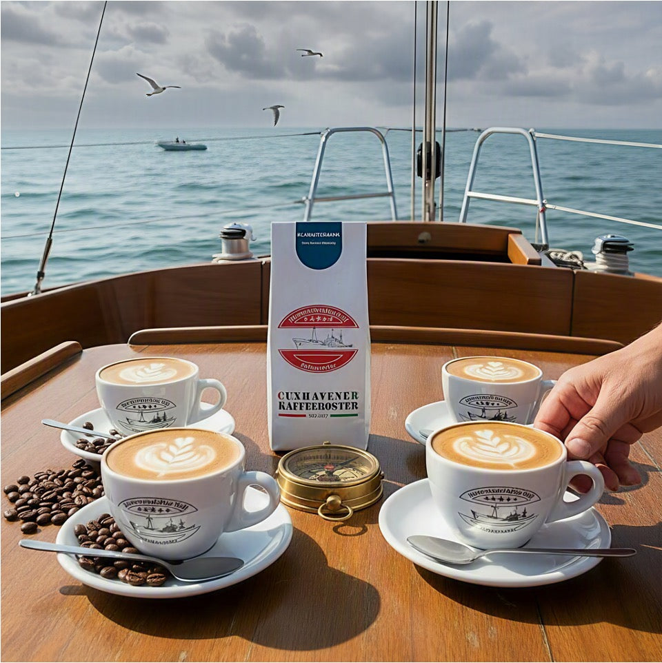 Weiße Kaffeetüte des Cuxhavener Kaffeeroesters mit der Aufschrift Klabautermann auf Tisch eines Segelschiffs mit Kaffeespezialitäten und Nordseeblick