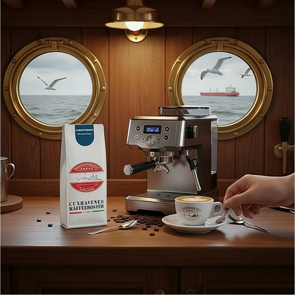 Weiße Kaffeetüte des Cuxhavener Kaffeeroesters mit der Aufschrift Klabautermann mit Siebträgermaschine in Schiffskombüse und Bullaugen mit Nordseeblick