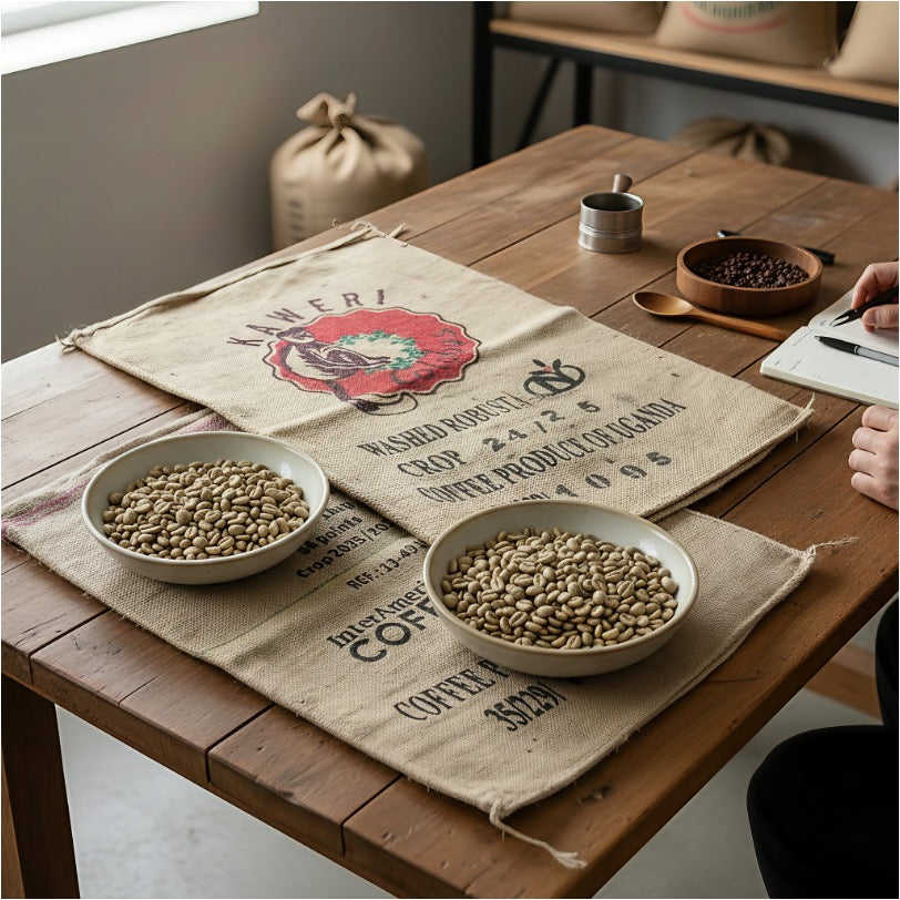 Zwei schalen mit Rohkaffe auf original Kaffeesäcken sowie die Dokumentation der Qualitätsprüfung