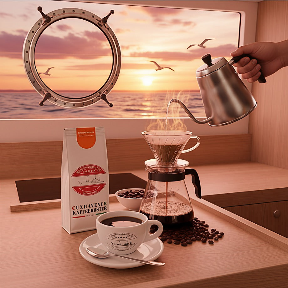 Weiße Kaffeetüte des Cuxhavener Kaffeeroesters mit der Aufschrift Kugelbake Blend  mit Filterkaffekanne in Schiffsküche und Fenster mit Nordseeblick bei Sonnenuntergang.
