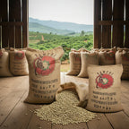 Original Kaffeesäcke mit Rohkaffeebohnen in Lagerhalle mit Blick auf eine Kaffeeplantage in Uganda