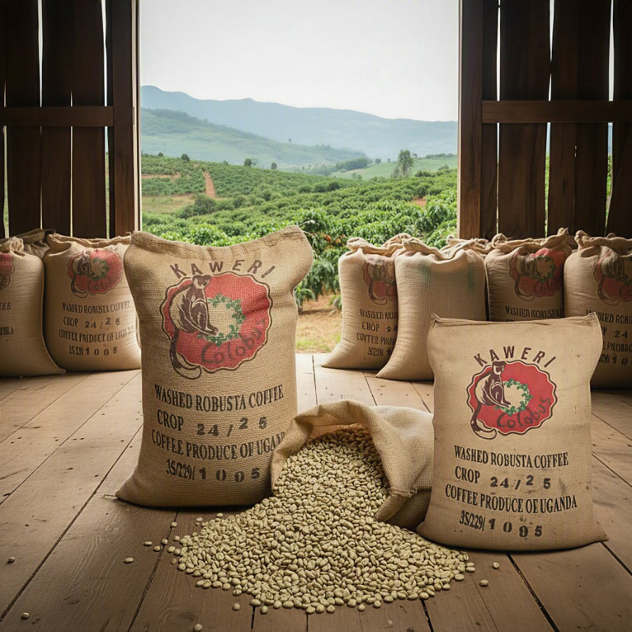 Original Kaffeesäcke mit Rohkaffeebohnen in Lagerhalle mit Blick auf eine Kaffeeplantage in Uganda