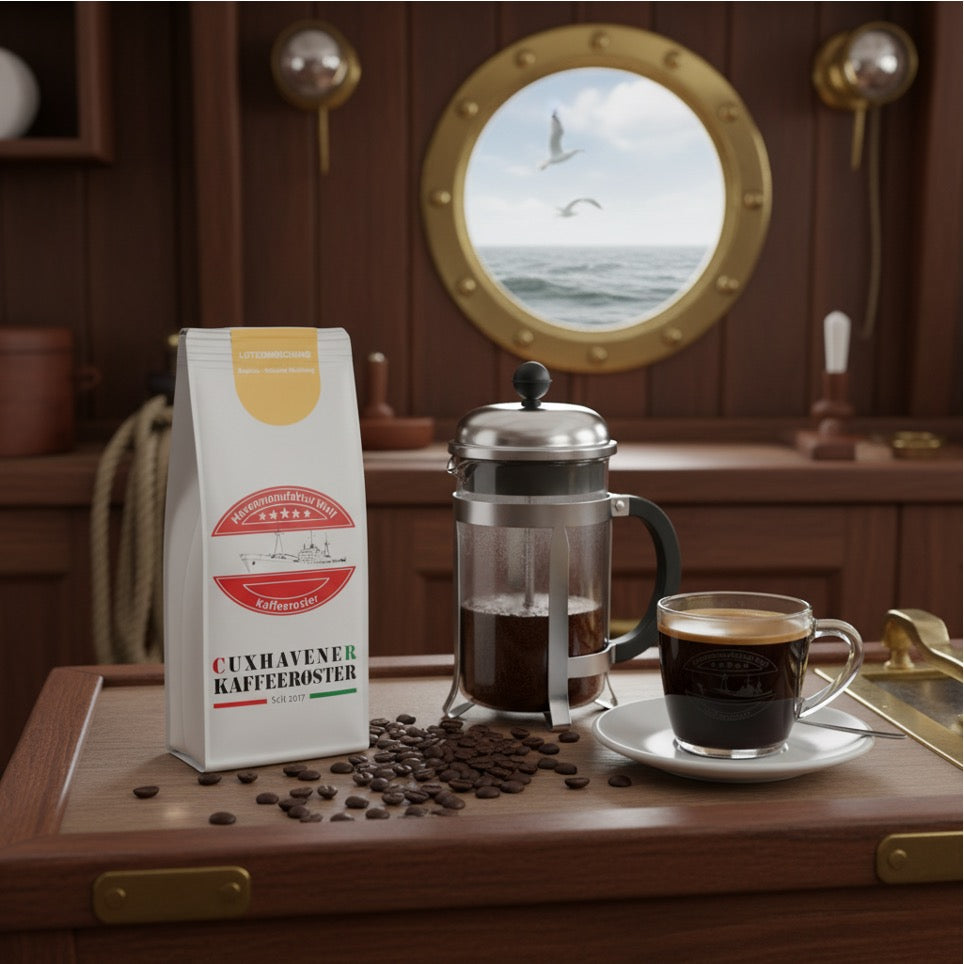 Weiße Kaffeetüte des Cuxhavener Kaffeeroesters mit der Aufschrift Lotsenmischung  mit French Press und Kaffeetasse in Schiffskombüse und Bullauge mit Nordseeblick
