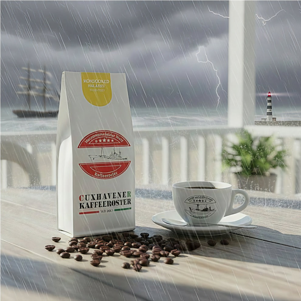 Weiße Kaffeetüte des Cuxhavener Kaffeeroesters mit der Aufschrift Monsooned Malabar auf Veranda mit Blick auf die Nordsee bei Extremwetter