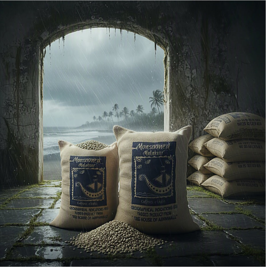 Lagerhaus an der indischen Westküste bei Monsoonregen und original  Kaffeesäcken mit Kaffeerohbohnen gefüllt