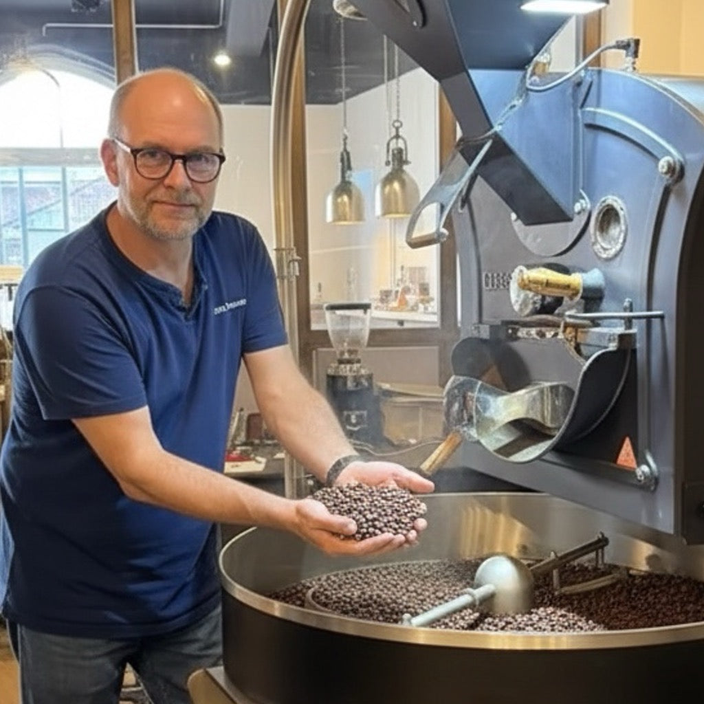 Eigentümer der frisch geröstete Kaffeebohnen an Kaffeeröstmaschine präsentiert