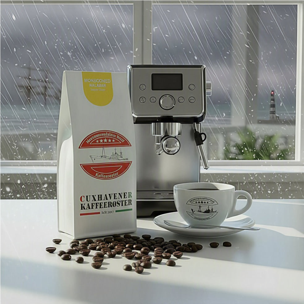 Weiße Kaffeetüte des Cuxhavener Kaffeeroesters mit der Aufschrift Monsooned Malabar auf Küchentheke vor Fenster mit Blick auf die Nordsee bei Extremwetter