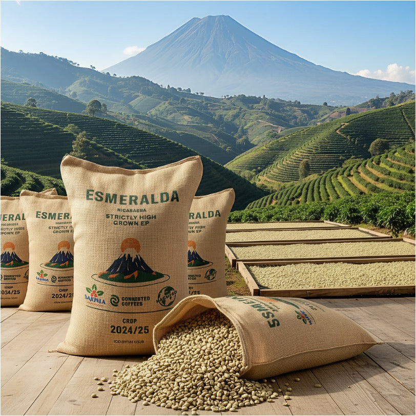 Original Kaffeesäcke mit Rohkaffee auf Kaffeeplantage mit Blich ins nicaraguanische Hochland