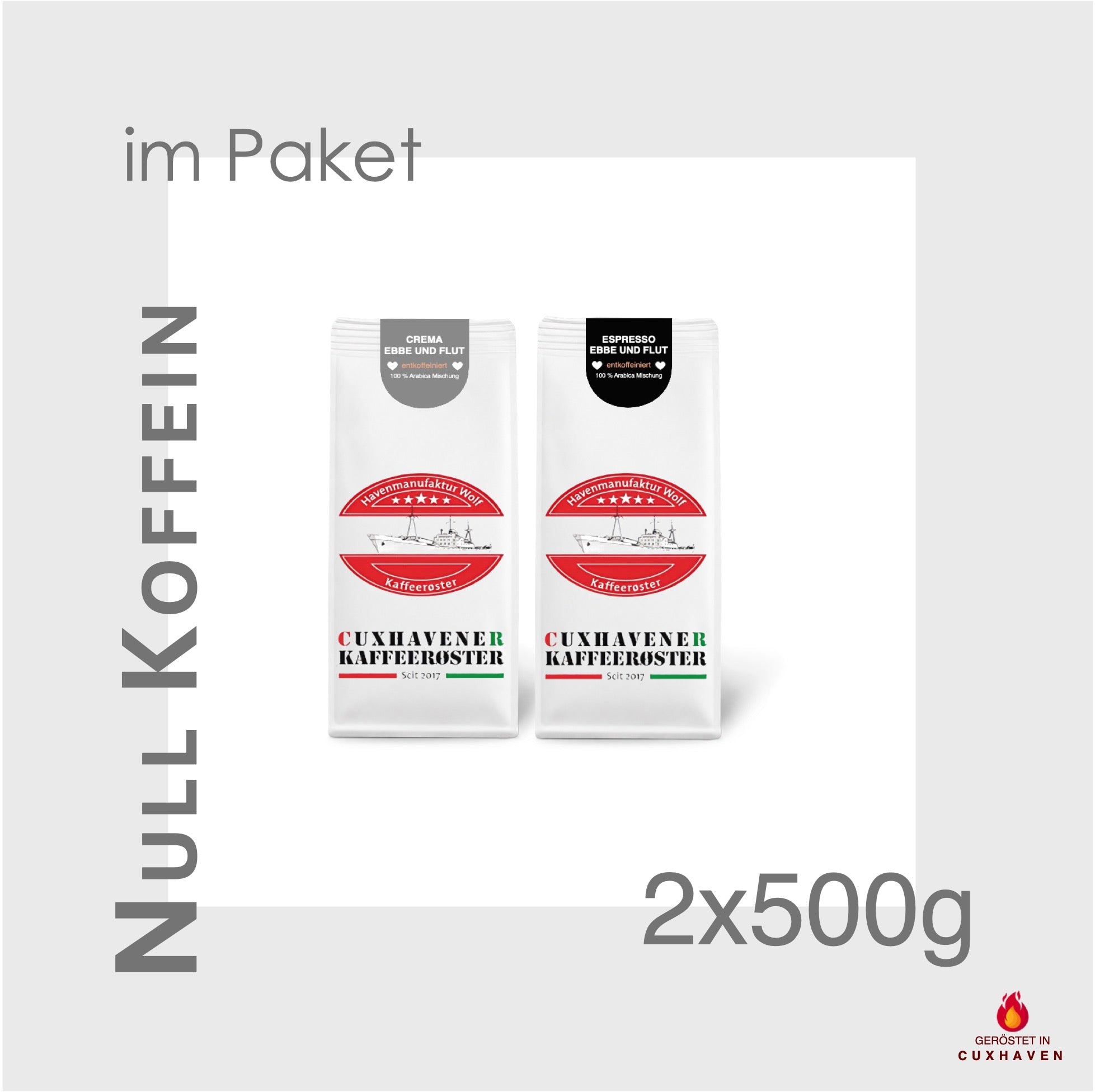 Weiße Kaffeetüten des Cuxhavener Kaffeeroesters eingebunden in Werbung für Null Koffein Paket 2x 500g