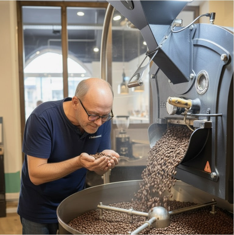 Eigentümer an Kaffeeröstmaschine der frisch geröstete Kaffeebohnen prüft