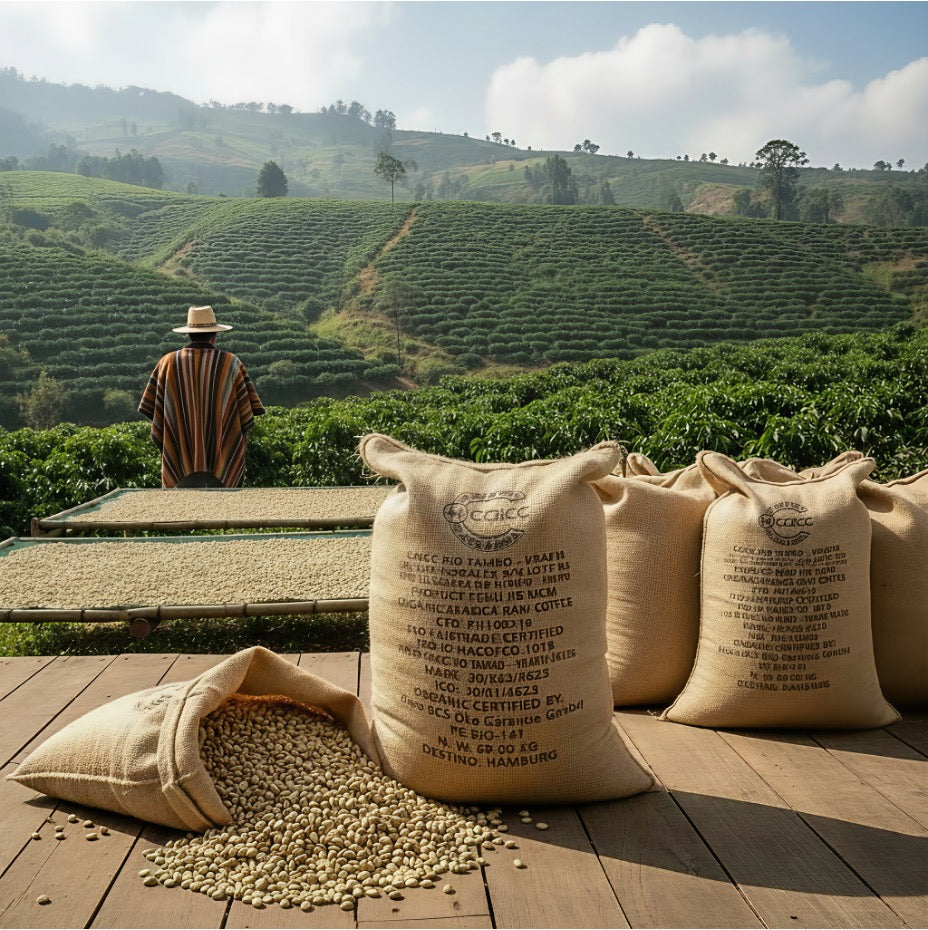 Original Kaffeesäcke mit Rohkaffee auf Kaffeeplantage mit Blick in das peruanische Hochland