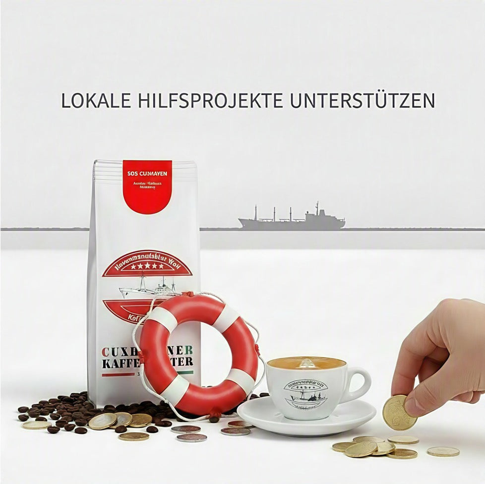 Weiße Kaffeetüte des Cuxhavener Kaffeeroesters mit der Aufschrift SOS Cuxhaven und Symbole zur Aufforderung der Unterstützung von lokalen Hilfsprojekten