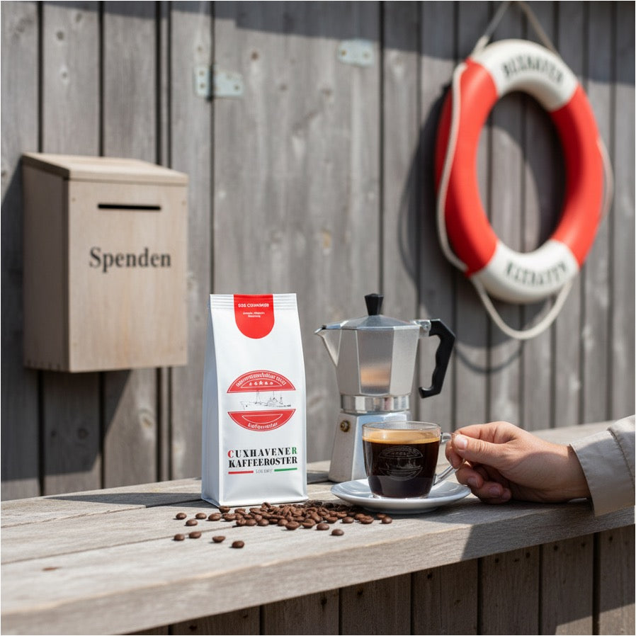 Weiße Kaffeetüte des Cuxhavener Kaffeeroesters mit der Aufschrift SOS Cuxhaven   mit Bialetti und frisch gebrühtem Kaffe vor Nordsee Strandhaus