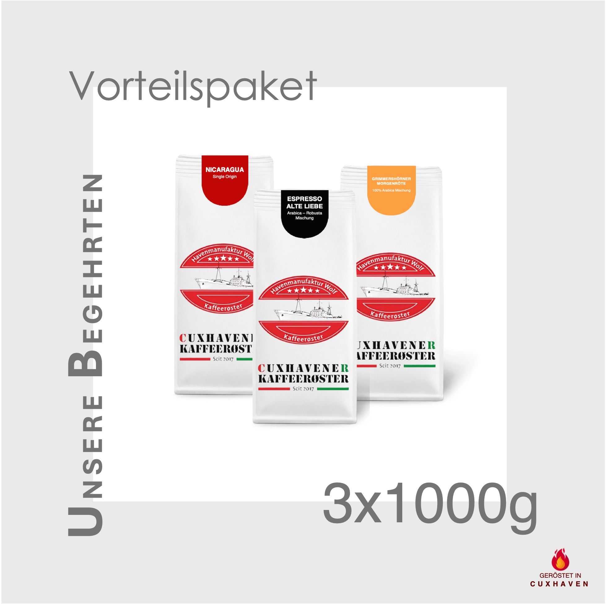 Weiße Kaffeetüten des Cuxhavener Kaffeeroesters eingebunden in Werbung für Unsere Begehrten Vorteilspaket 3x1000g