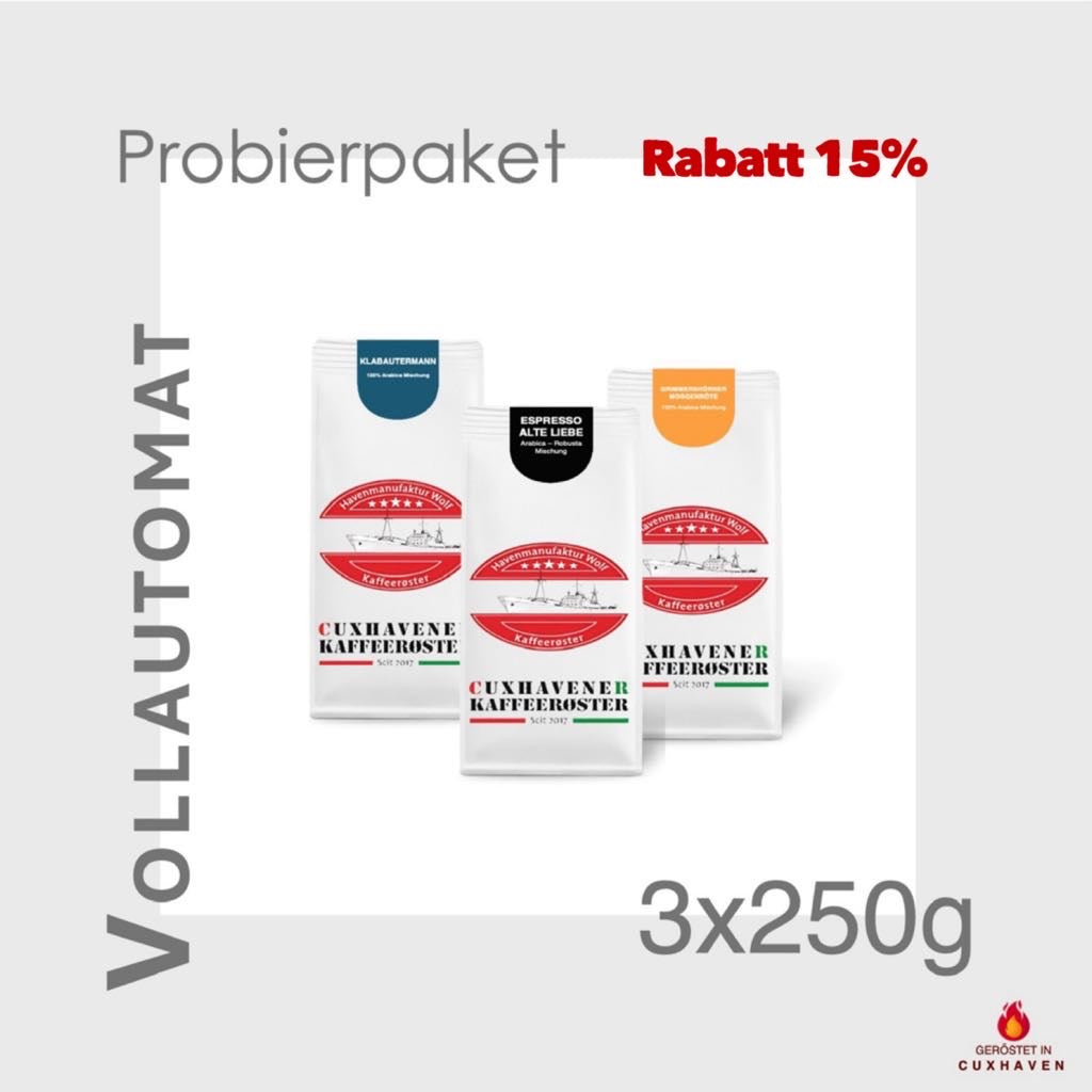 Weiße Kaffeetüten des Cuxhavener Kaffeeroesters eingebunden in Werbung für Vollautomat Probierpaket 3x250g - Rabatt 15%