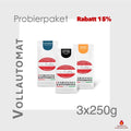 Weiße Kaffeetüten des Cuxhavener Kaffeeroesters eingebunden in Werbung für Vollautomat Probierpaket 3x250g - Rabatt 15%