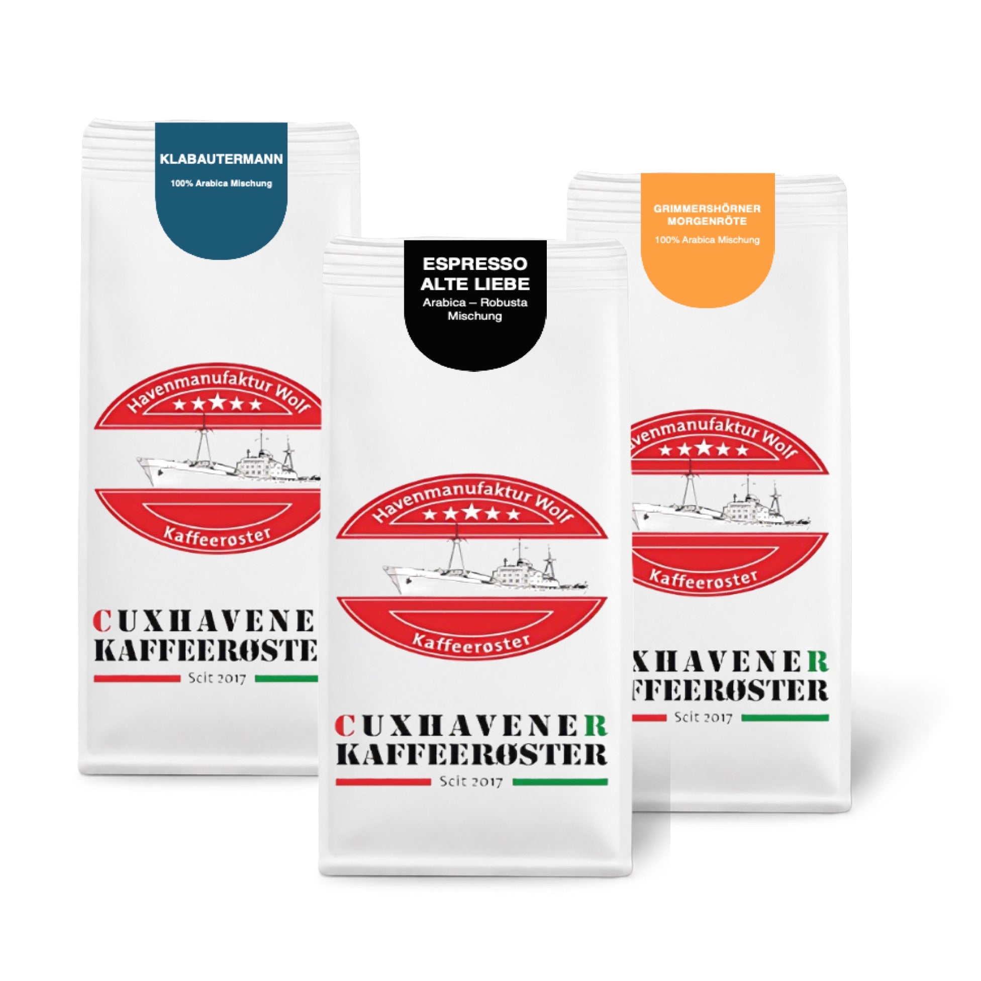 Weiße Kaffeetüten des Cuxhavener Kaffeeroesters eingebunden in Werbung für Vollautomat Probierpaket 3x250g - Rabatt 15% freigestellt vor weissem Hintergrund