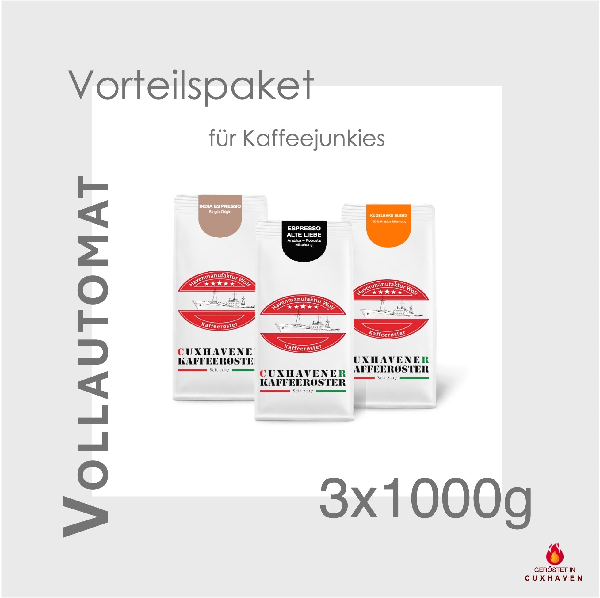Weiße Kaffeetüten des Cuxhavener Kaffeeroesters eingebunden in Werbung für Vollautomat Vorteilspaket 3x1000g