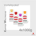 Weiße Kaffeetüten des Cuxhavener Kaffeeroesters eingebunden in Werbung für Kaffee Weltreise Vorteilspaket 4x1000g