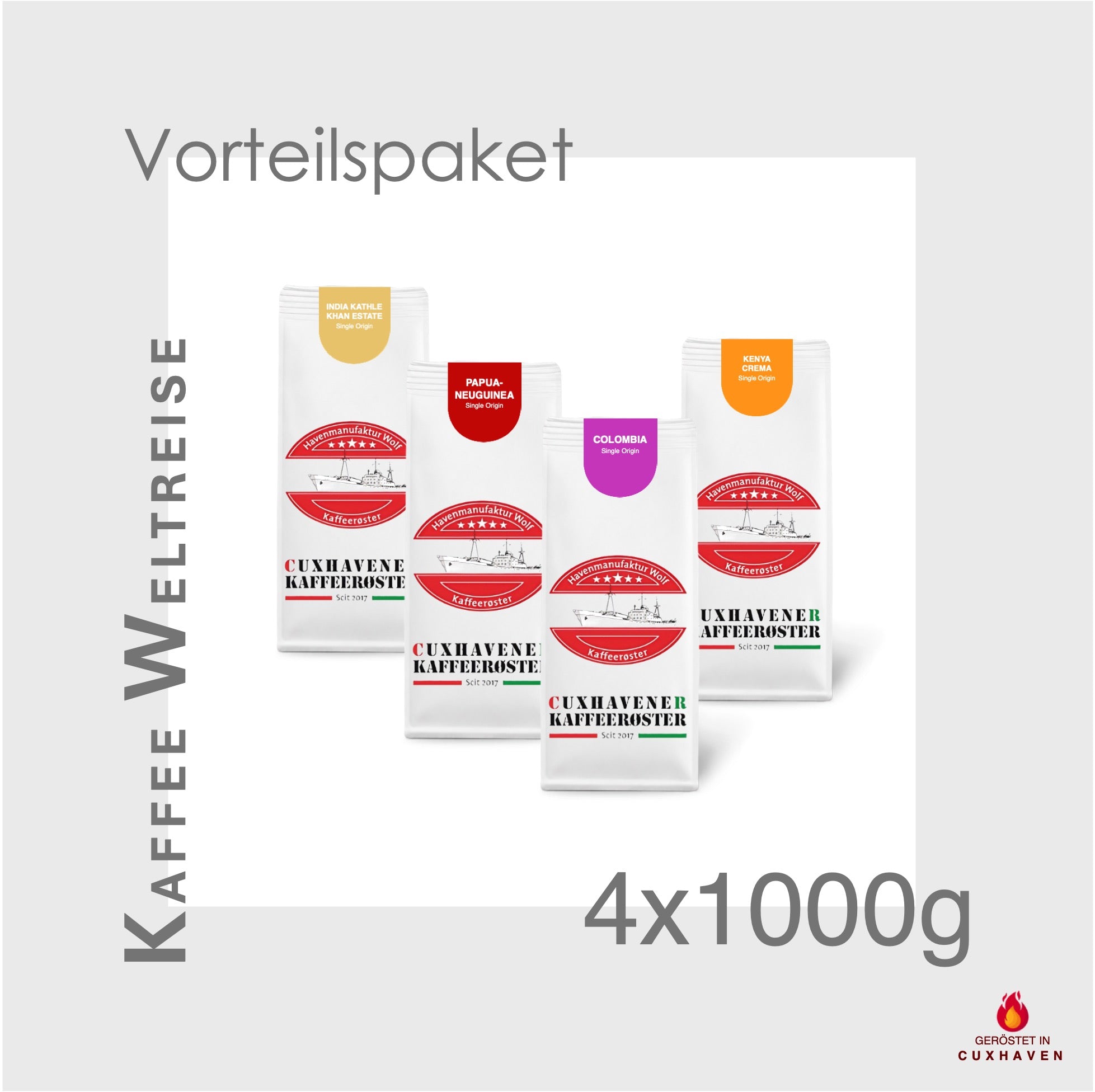 Weiße Kaffeetüten des Cuxhavener Kaffeeroesters eingebunden in Werbung für Kaffee Weltreise Vorteilspaket 4x1000g