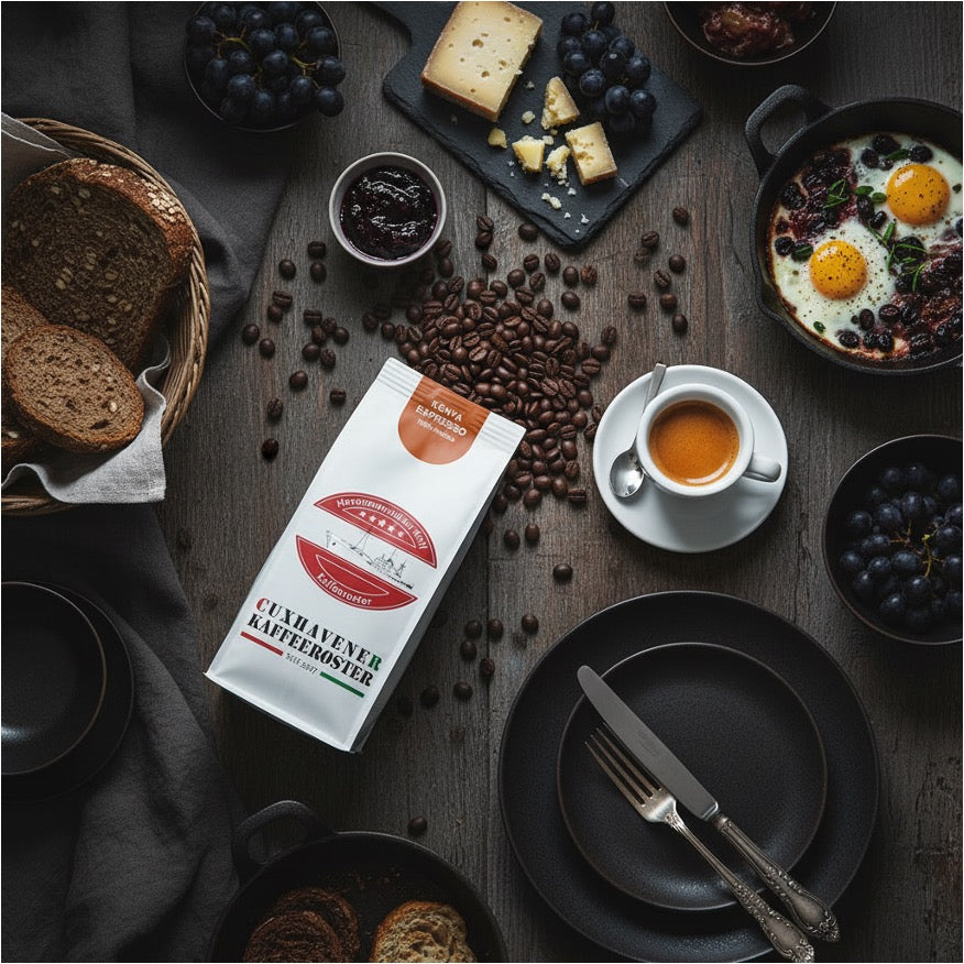 Weiße Kaffeetüte des Cuxhavener Kaffeeroesters mit der Aufschrift Kenya Espresso auf Frühstückstisch mit frisch gebrühtem Espresso